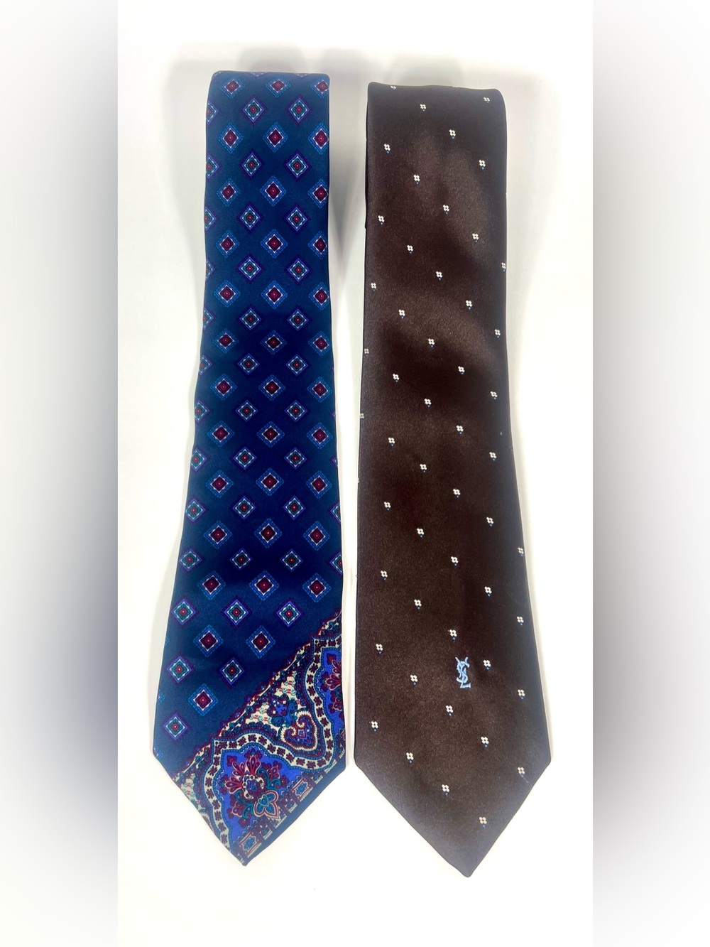 Yves Saint Laurent Brown Dotted Tie and Blue Paisley Patter Lot of 2 Vintage